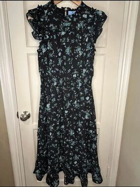 Cece Flutter Sleeve Smocked Waist Black Floral Midi Dress- Size Medium